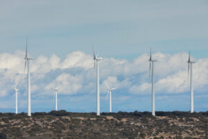 Old wind turbines on the hills of Caragueyes and Paterra, against a background of clouds on a February day, near Borja, Zaragoza province.
